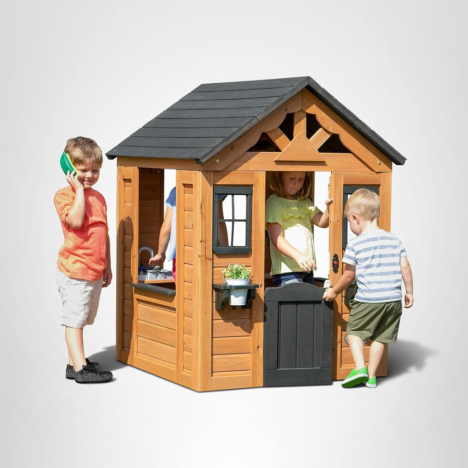 Backyard Discovery Sweetwater Cedar Wooden Kids Playhouse Cottage with Play Kitchen